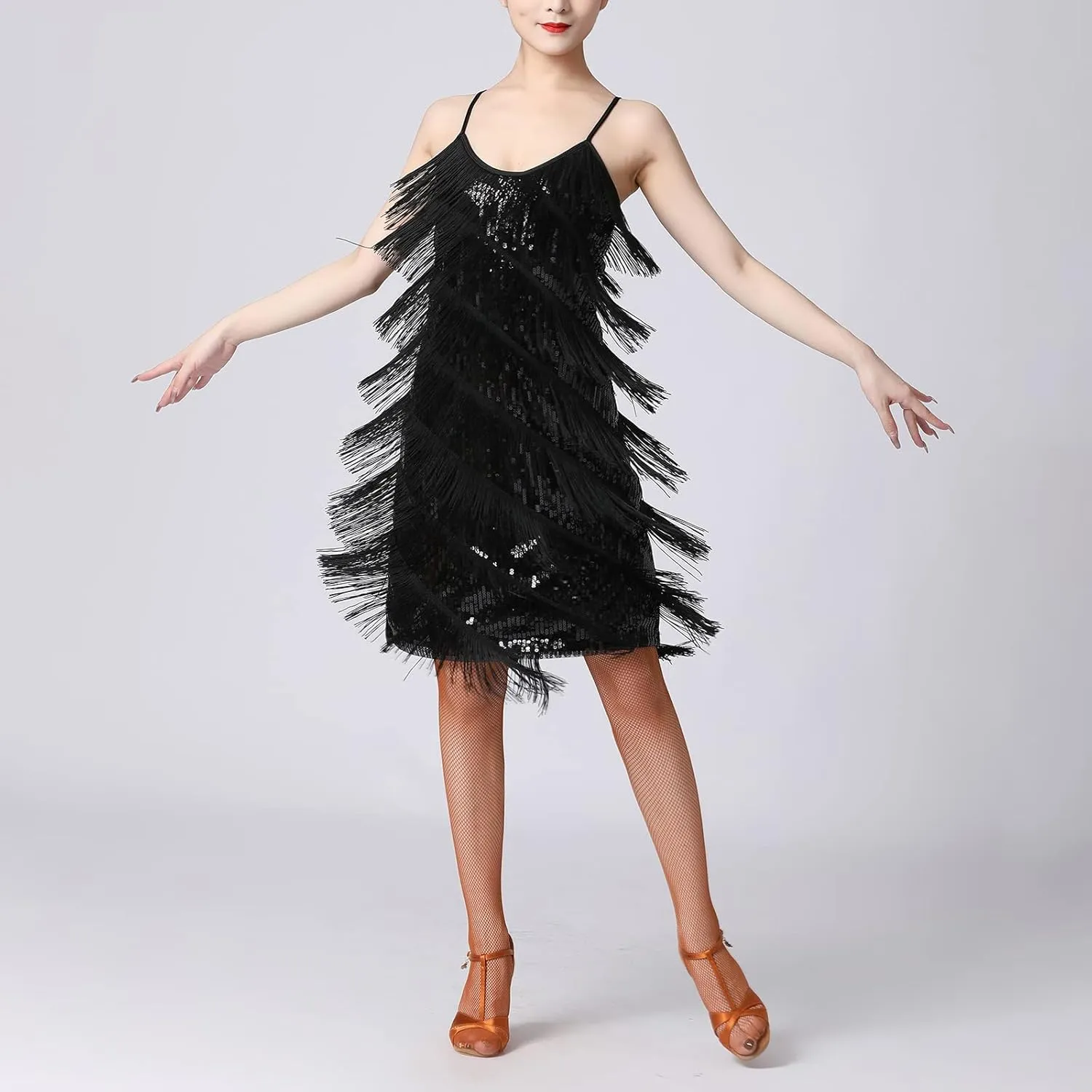 Women Salsa Latin Dance Dress Sequin Tassel Fringe Flapper Dress 1920s Gatsby Cocktail Dress Tango Ballroom Dancing Costume