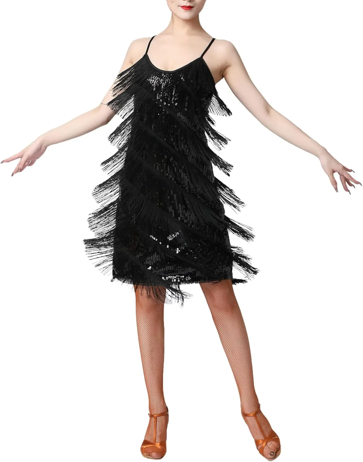 Women Salsa Latin Dance Dress Sequin Tassel Fringe Flapper Dress 1920s Gatsby Cocktail Dress Tango Ballroom Dancing Costume