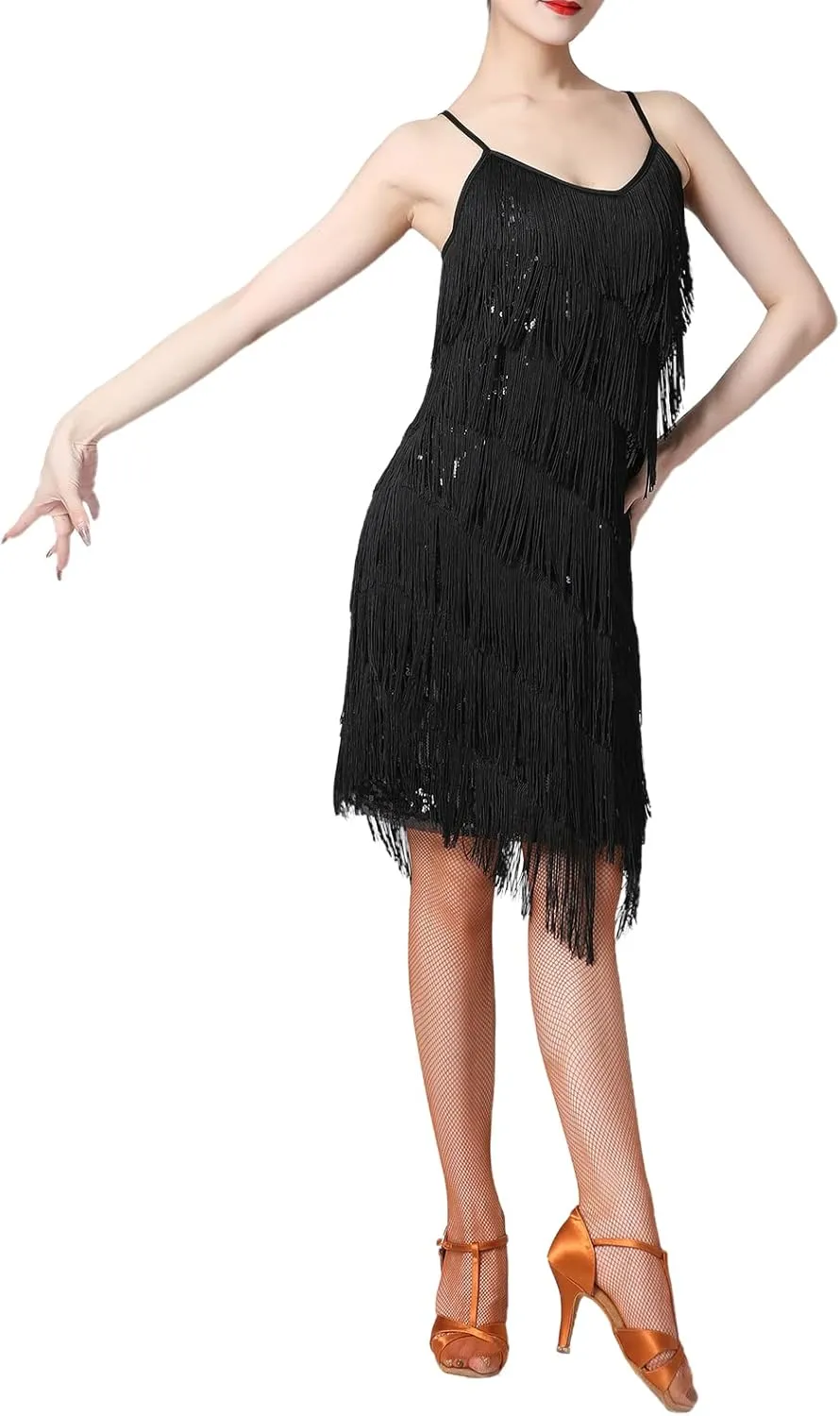Women Salsa Latin Dance Dress Sequin Tassel Fringe Flapper Dress 1920s Gatsby Cocktail Dress Tango Ballroom Dancing Costume