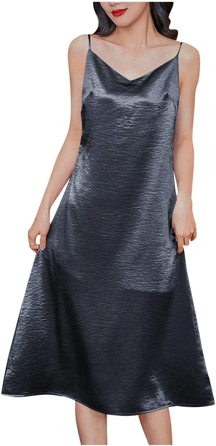 Women Spaghetti Strap Midi Satin Silk Slip Dress Sexy Cowl Neck Party Cocktail Dresses Sling Backless Mermaid Dress