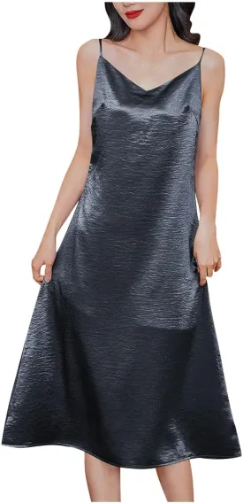 Women Spaghetti Strap Midi Satin Silk Slip Dress Sexy Cowl Neck Party Cocktail Dresses Sling Backless Mermaid Dress