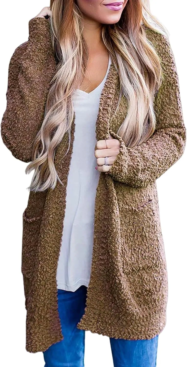 Women's 2023 Fuzzy Chunky Popcorn Cardigan Batwing Sleeve Oversized Open Front Knit Sweater Coat Fall Sherpa Outwear