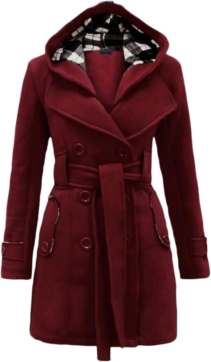 Women's Double Breasted Pea Coat Hooded Long Winter Trench Coat Belted Sexy Fashion Coat