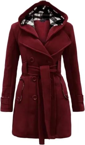 Women's Double Breasted Pea Coat Hooded Long Winter Trench Coat Belted Sexy Fashion Coat