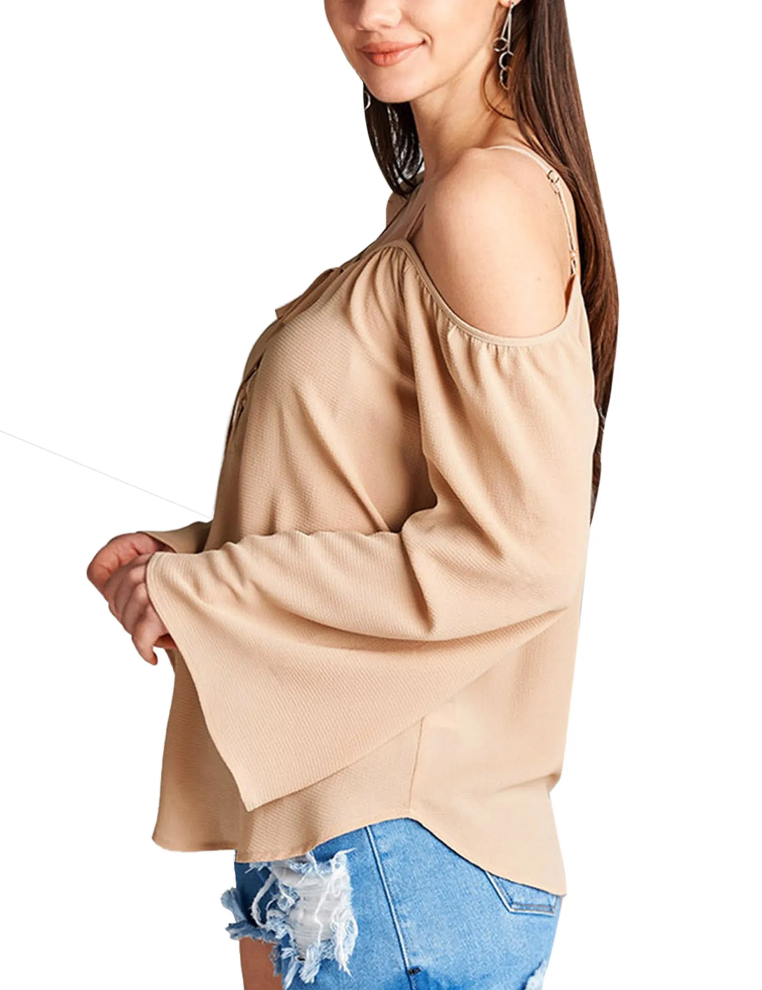 Womens Long Sleeve Open Shoulder Poly Crepe Top with Front Lace-Up