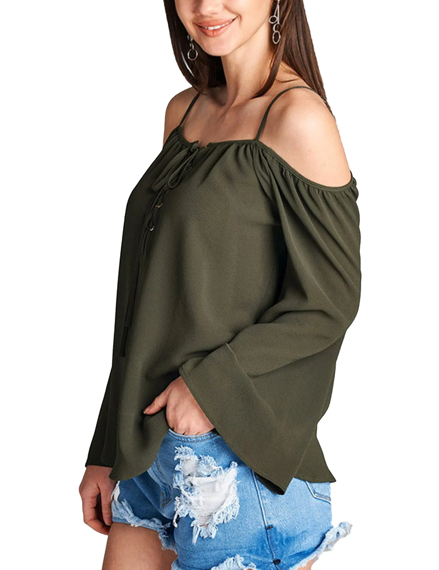 Womens Long Sleeve Open Shoulder Poly Crepe Top with Front Lace-Up