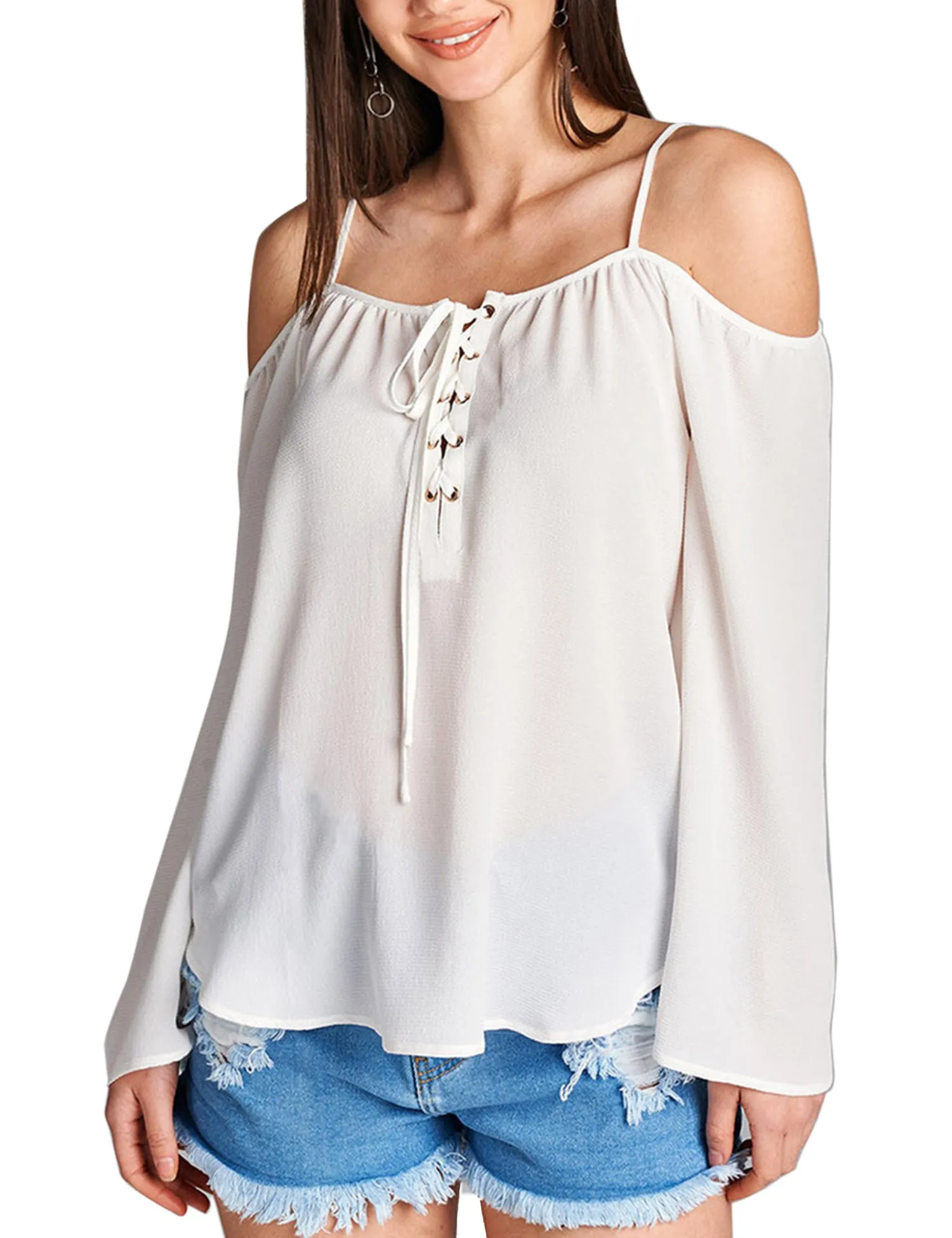 Womens Long Sleeve Open Shoulder Poly Crepe Top with Front Lace-Up