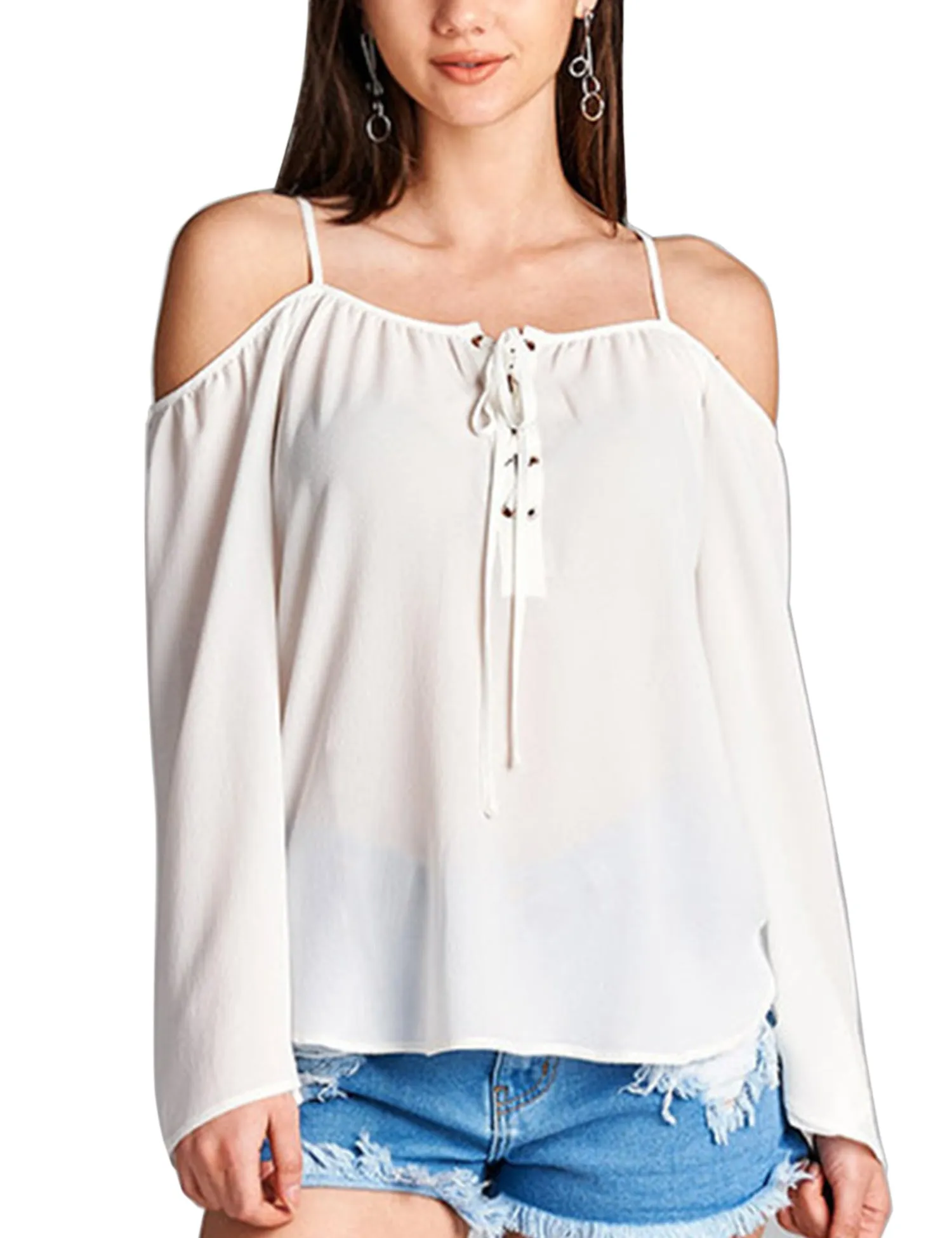 Womens Long Sleeve Open Shoulder Poly Crepe Top with Front Lace-Up