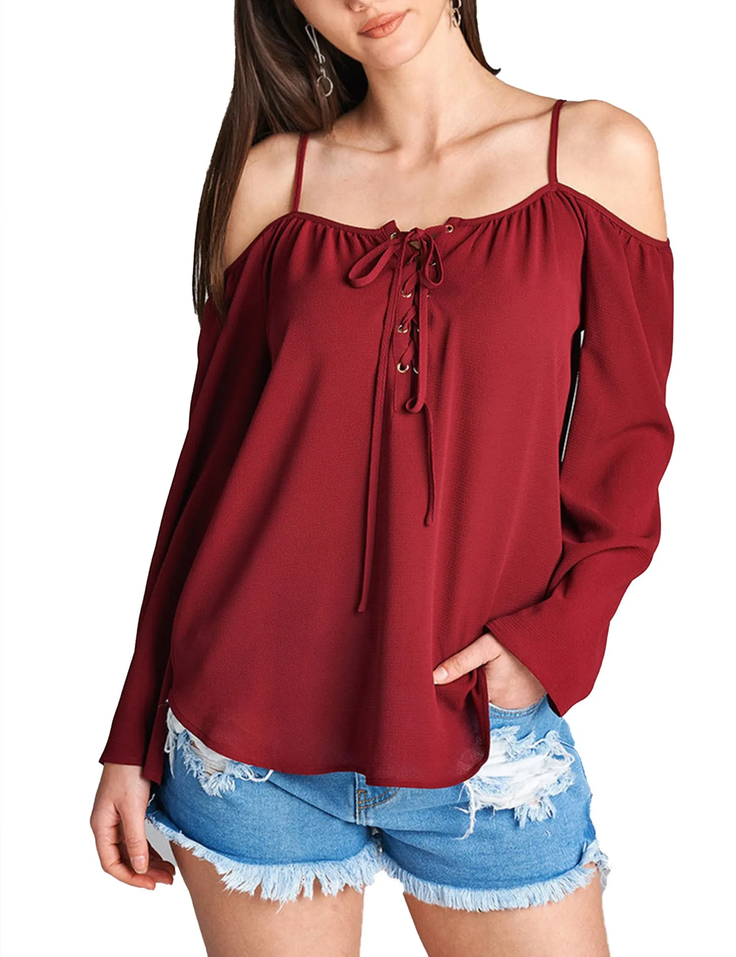 Womens Long Sleeve Open Shoulder Poly Crepe Top with Front Lace-Up