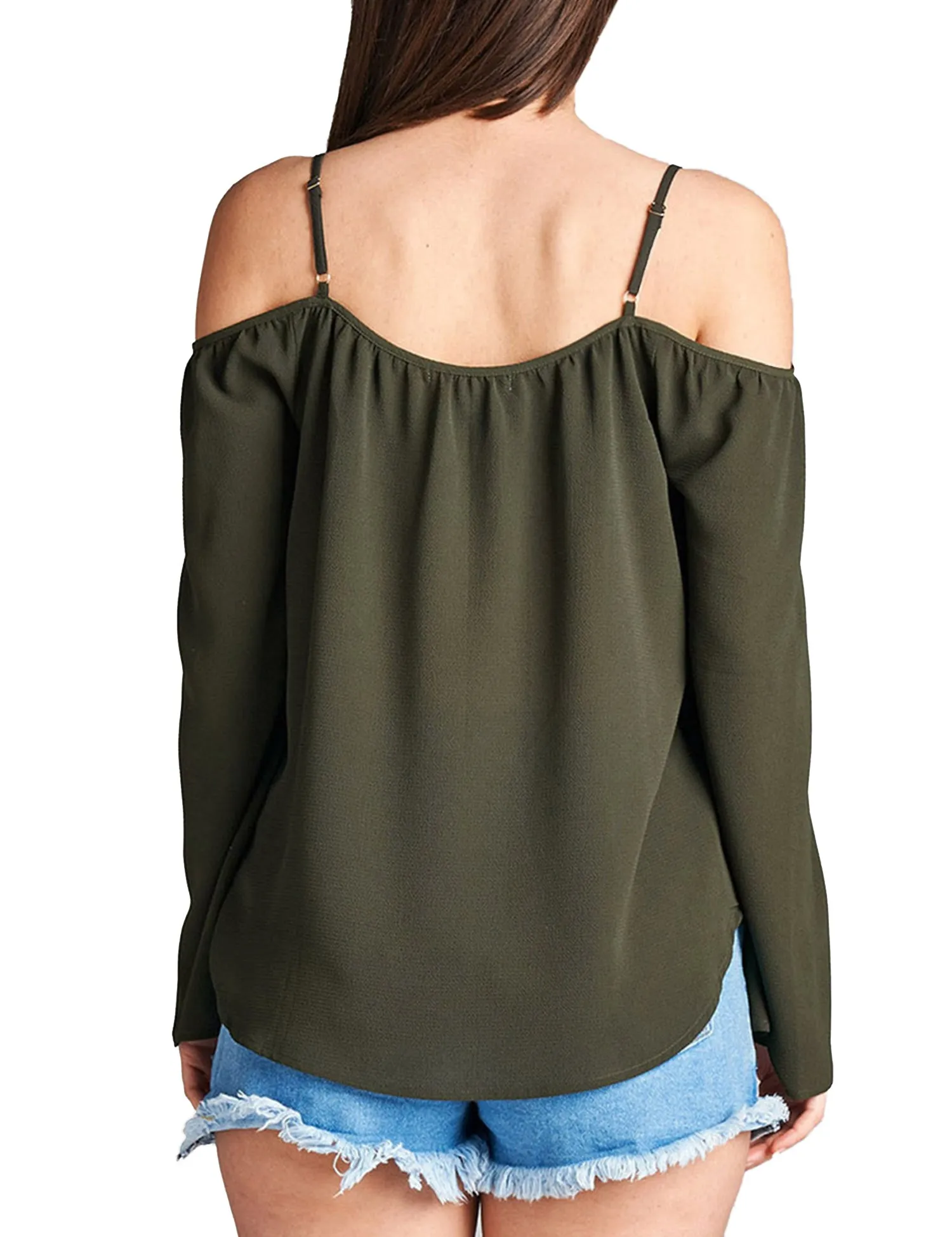 Womens Long Sleeve Open Shoulder Poly Crepe Top with Front Lace-Up