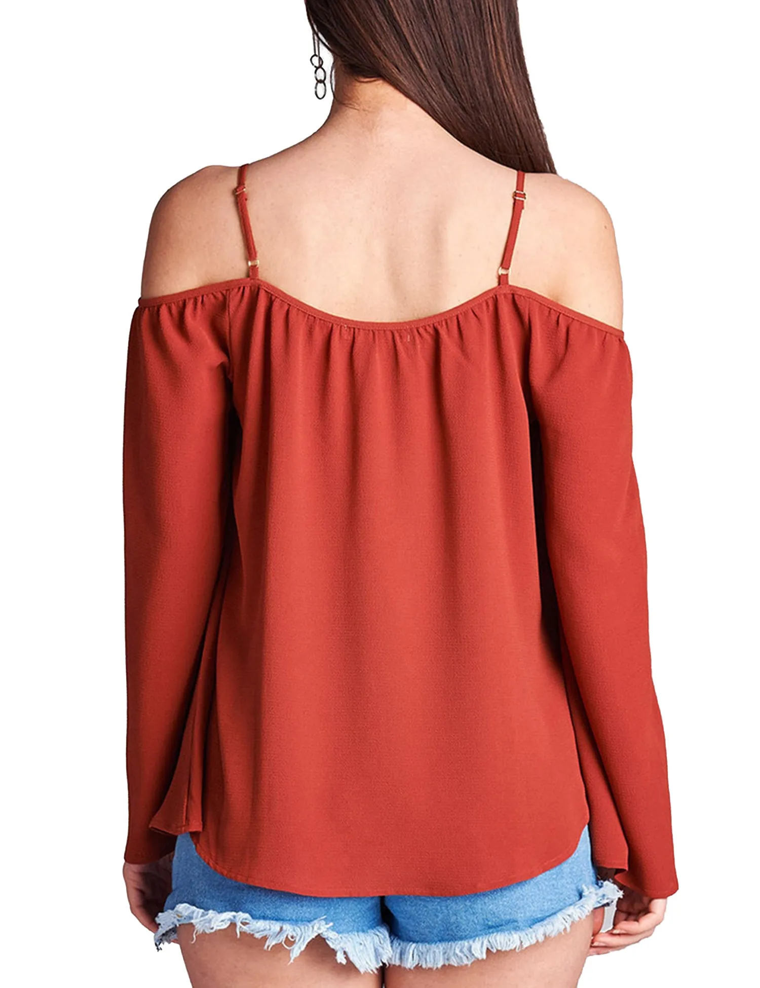 Womens Long Sleeve Open Shoulder Poly Crepe Top with Front Lace-Up