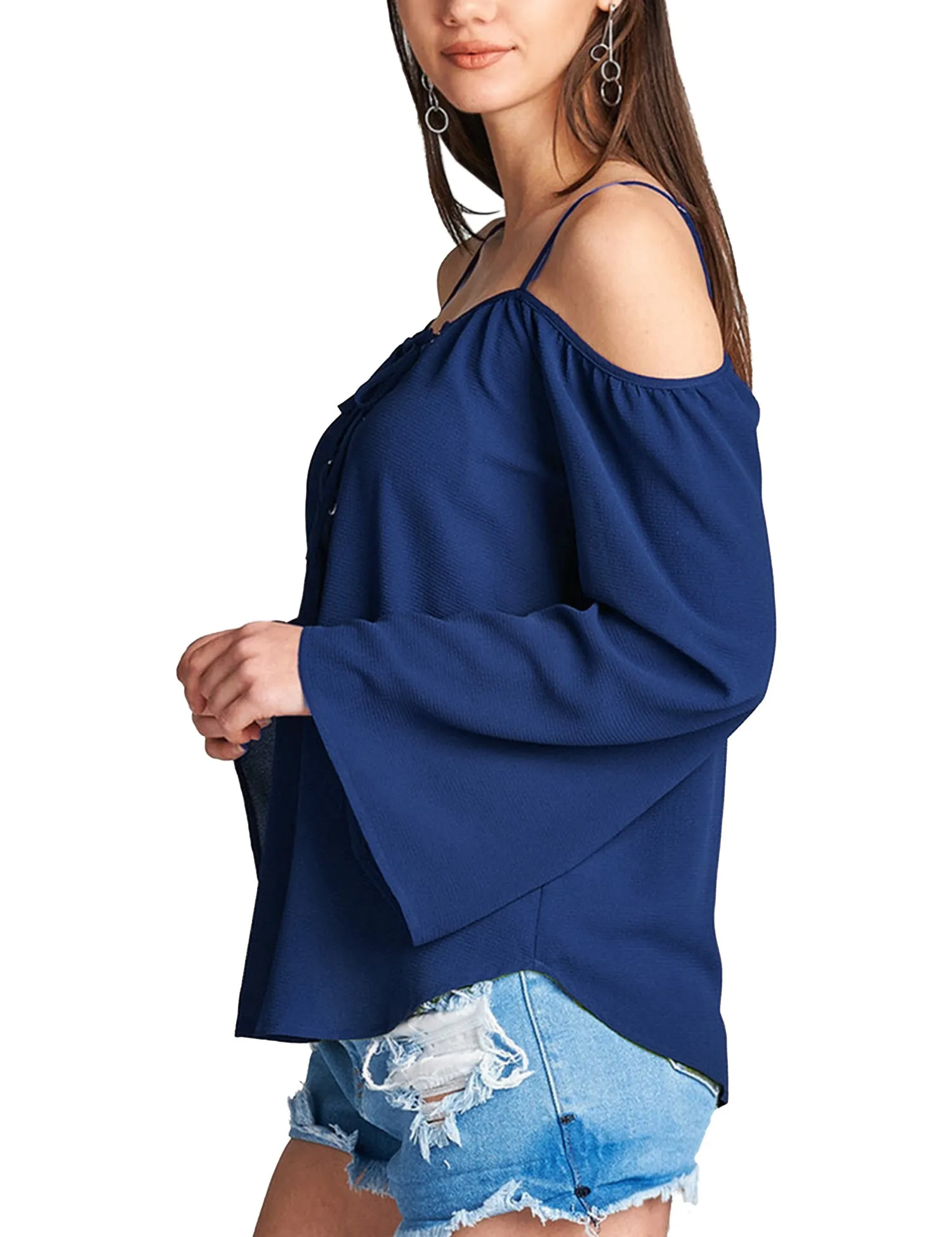 Womens Long Sleeve Open Shoulder Poly Crepe Top with Front Lace-Up