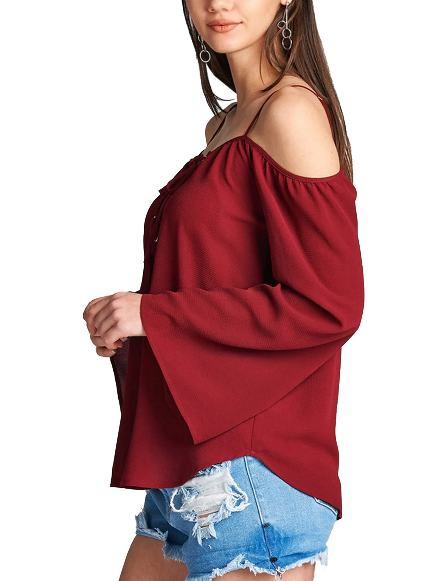 Womens Long Sleeve Open Shoulder Poly Crepe Top with Front Lace-Up