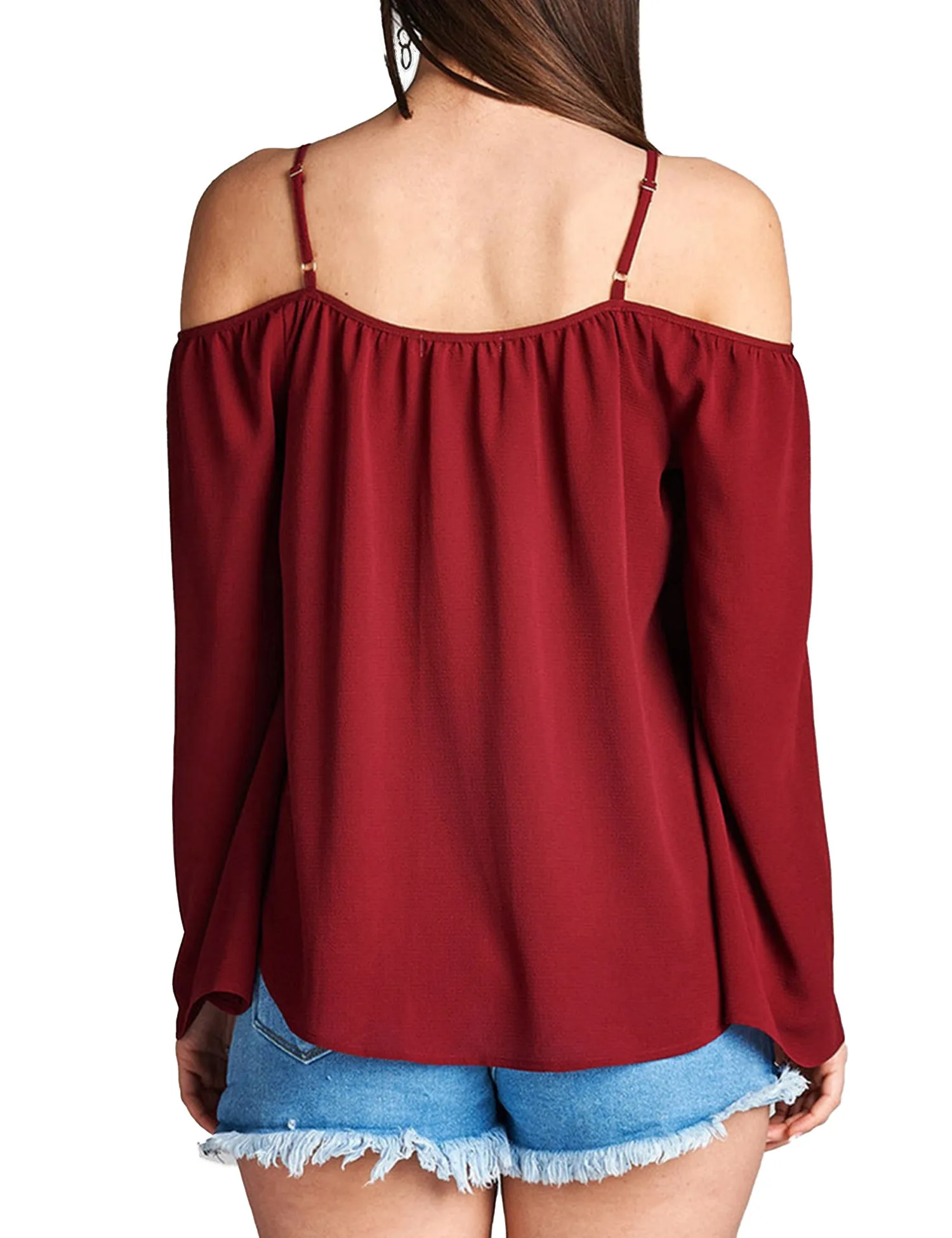 Womens Long Sleeve Open Shoulder Poly Crepe Top with Front Lace-Up