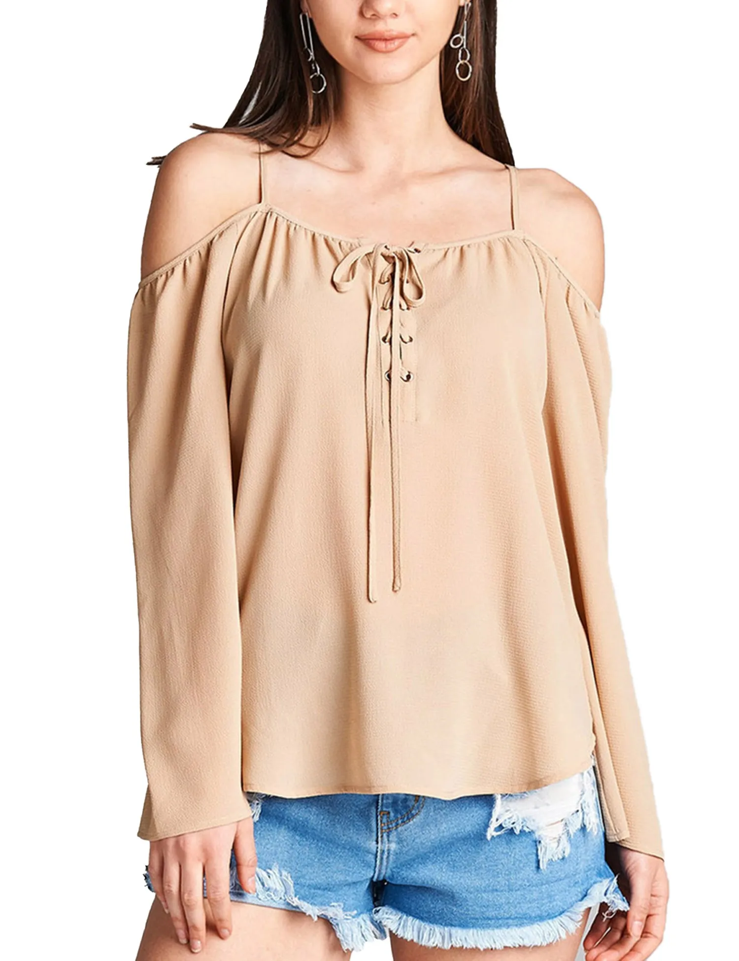 Womens Long Sleeve Open Shoulder Poly Crepe Top with Front Lace-Up