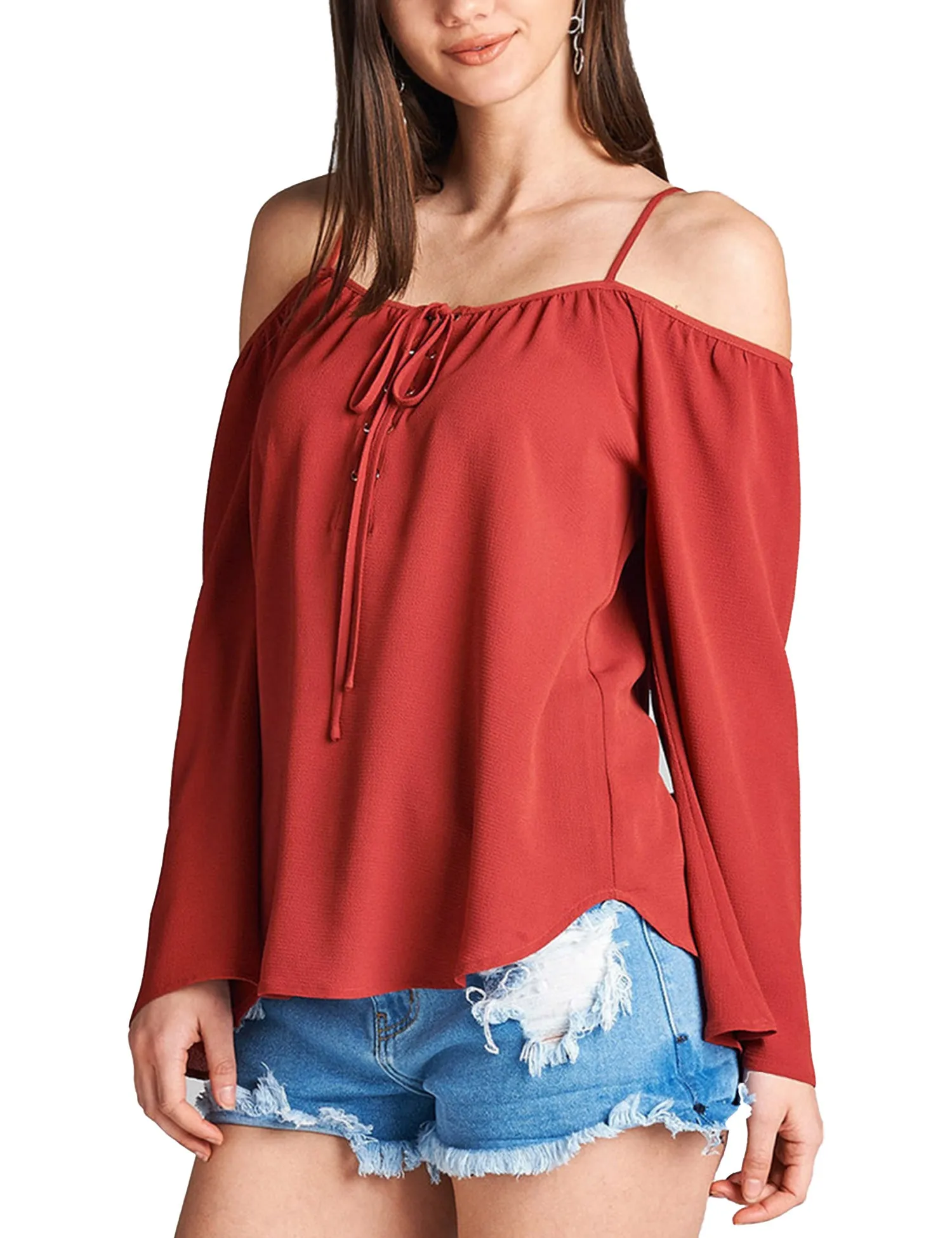 Womens Long Sleeve Open Shoulder Poly Crepe Top with Front Lace-Up
