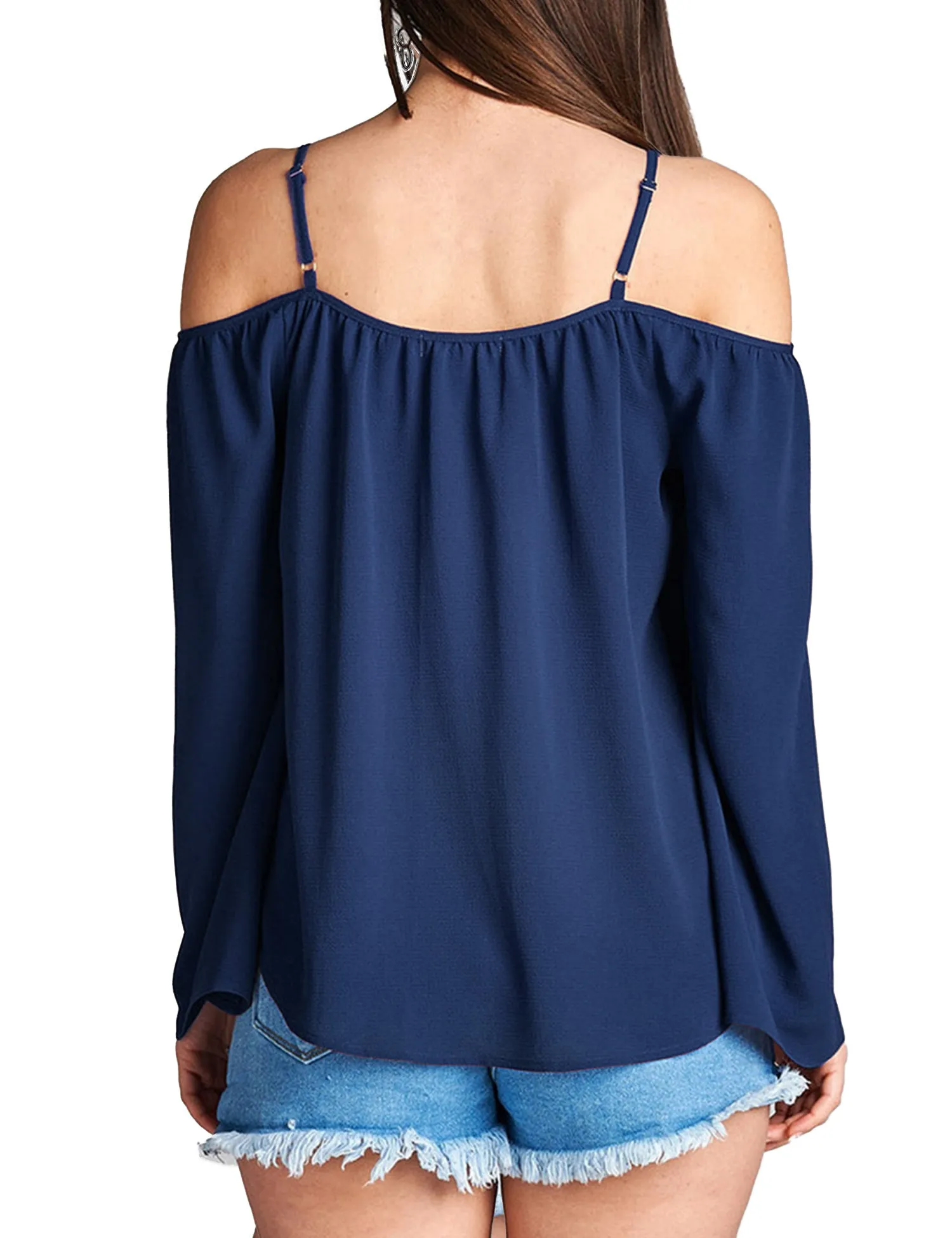 Womens Long Sleeve Open Shoulder Poly Crepe Top with Front Lace-Up