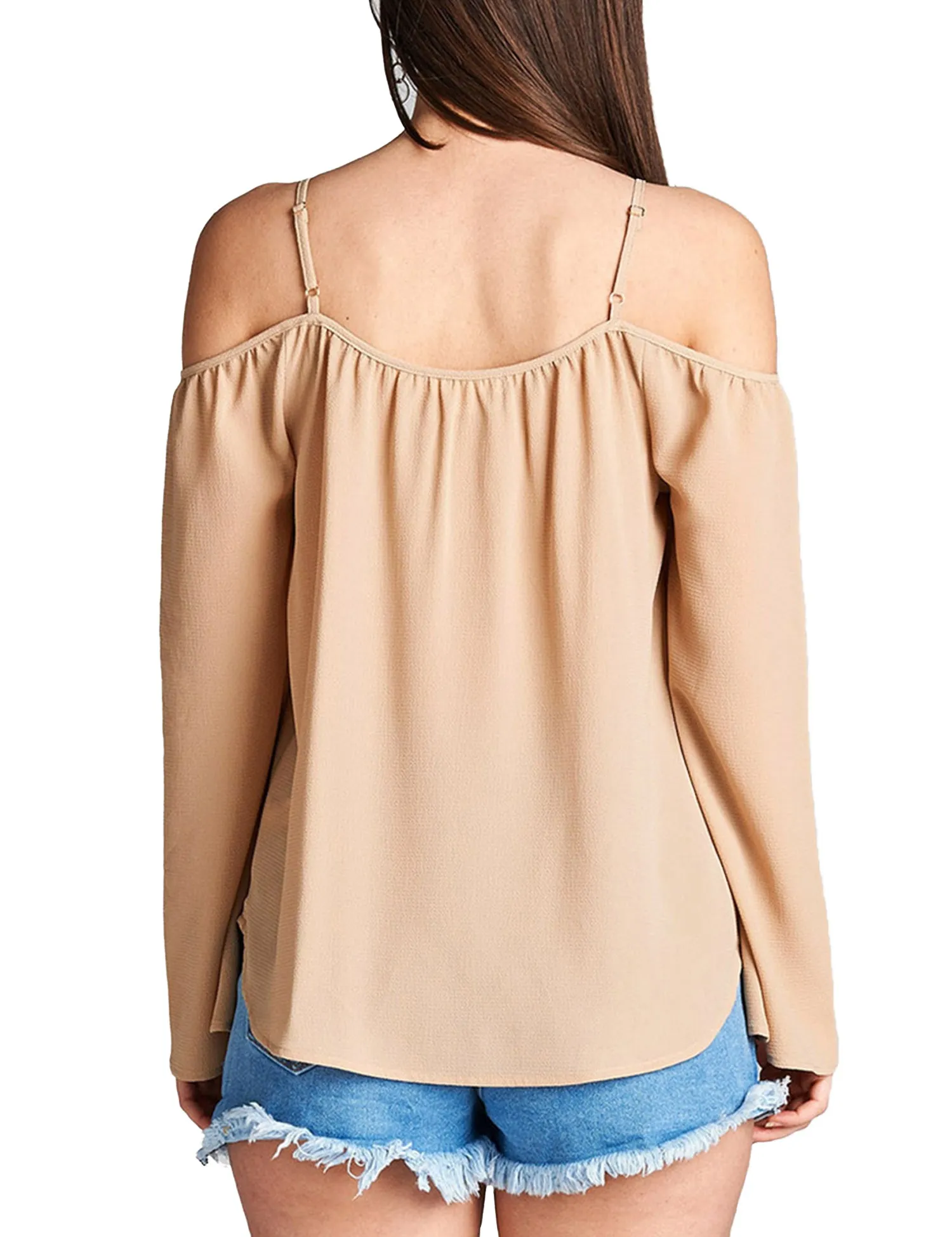 Womens Long Sleeve Open Shoulder Poly Crepe Top with Front Lace-Up