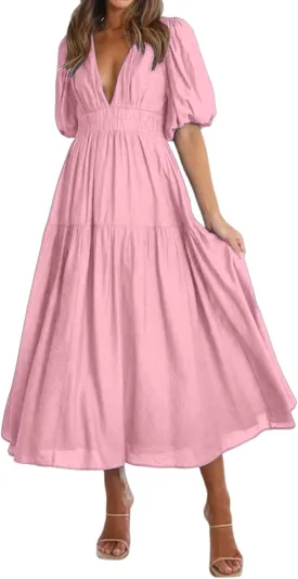 Womens Maxi Dress Deep V Neck Puff Short Sleeve Tiered Dresses Elastic High Waist Flowy A Line Dresses Party Dress