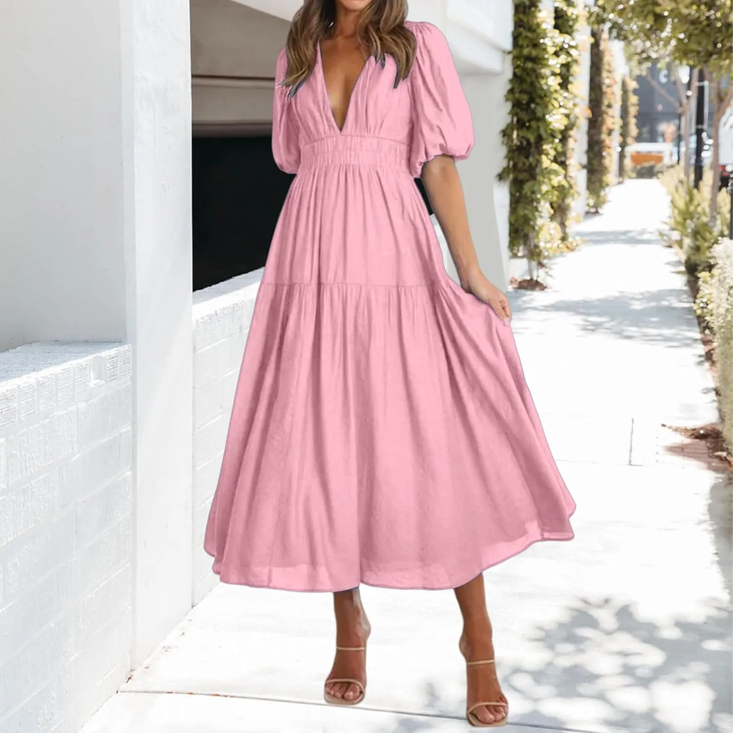 Womens Maxi Dress Deep V Neck Puff Short Sleeve Tiered Dresses Elastic High Waist Flowy A Line Dresses Party Dress
