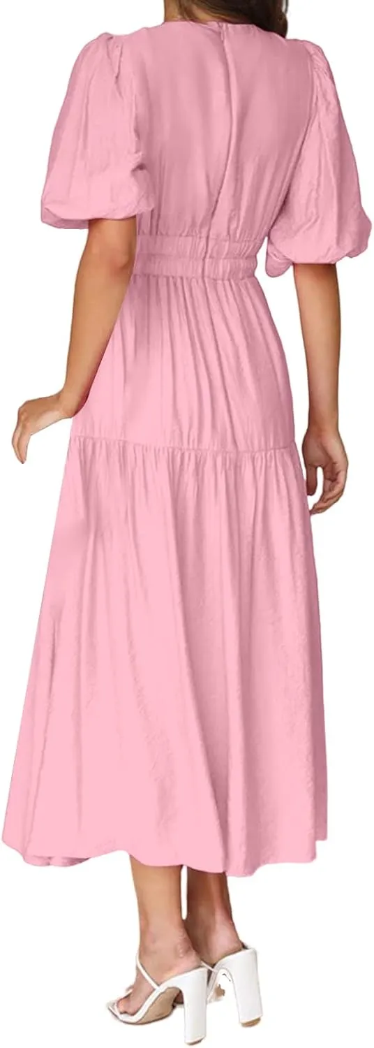 Womens Maxi Dress Deep V Neck Puff Short Sleeve Tiered Dresses Elastic High Waist Flowy A Line Dresses Party Dress
