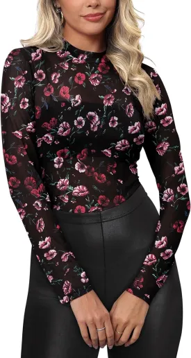 Womens Mesh Floral Long Sleeve Tops Lace Undershirt Mock Neck Going Out Sheer Blouses 2025 Trendy