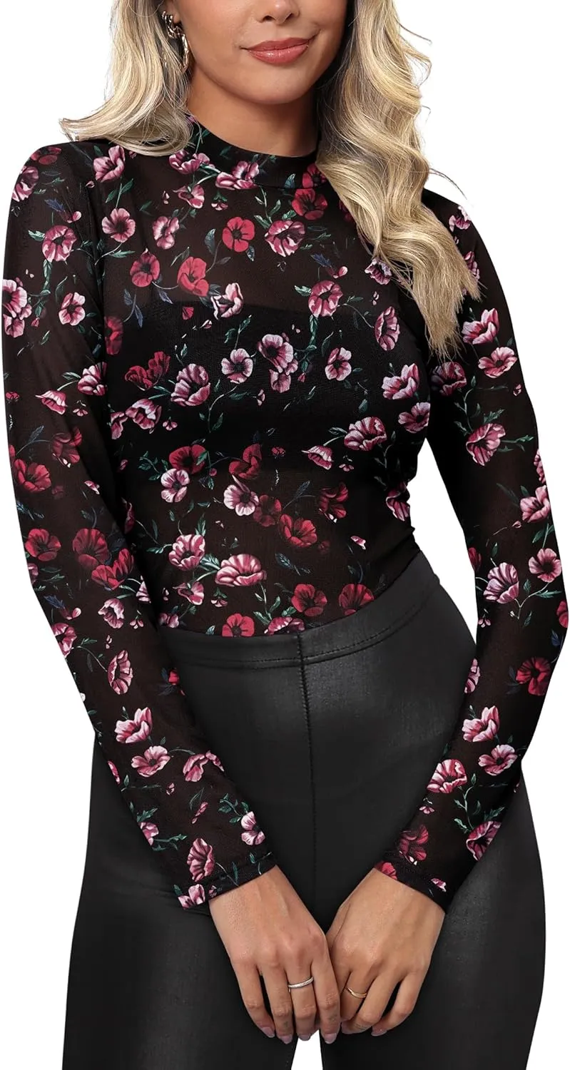 Womens Mesh Floral Long Sleeve Tops Lace Undershirt Mock Neck Going Out Sheer Blouses 2025 Trendy