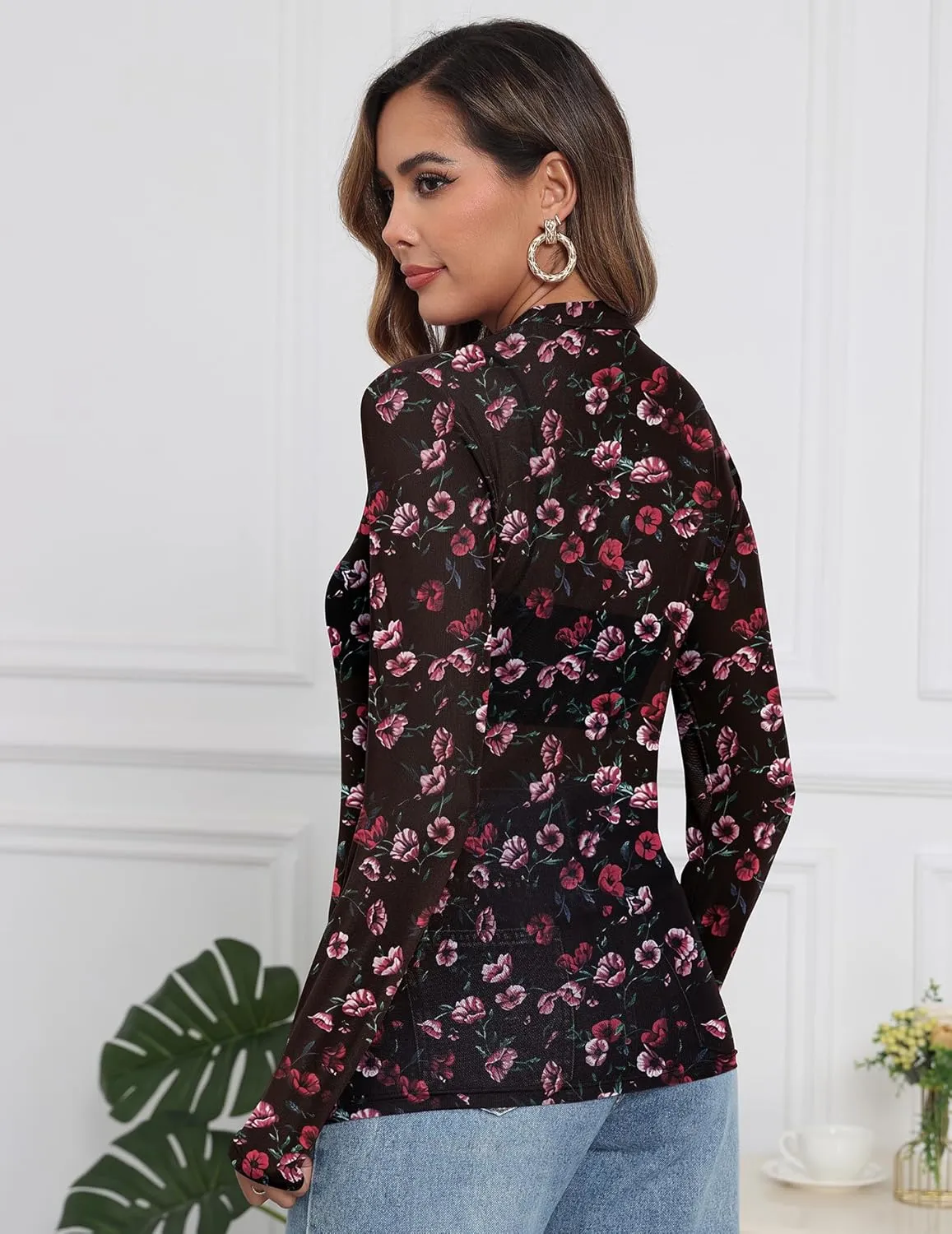 Womens Mesh Floral Long Sleeve Tops Lace Undershirt Mock Neck Going Out Sheer Blouses 2025 Trendy