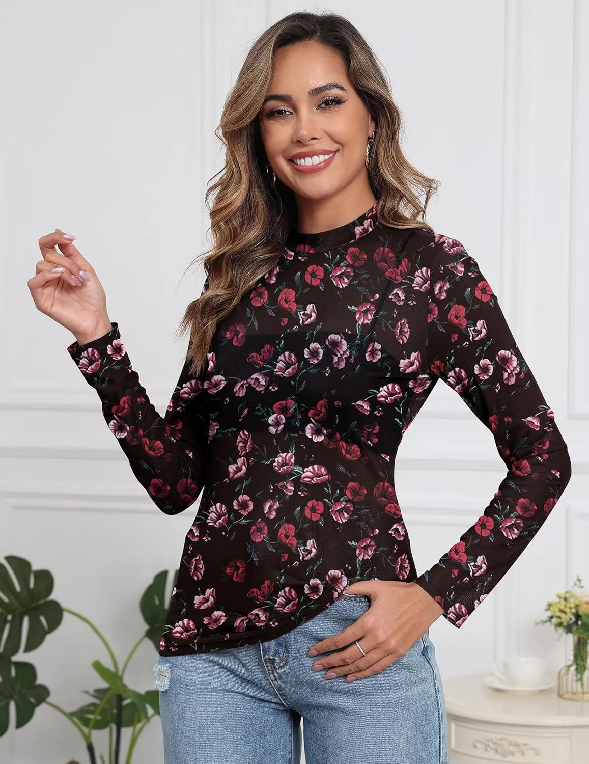 Womens Mesh Floral Long Sleeve Tops Lace Undershirt Mock Neck Going Out Sheer Blouses 2025 Trendy