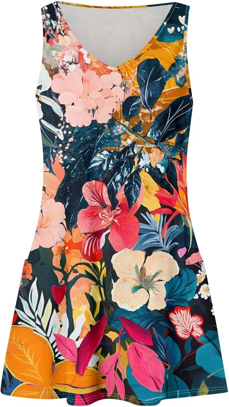 Womens Summer Dresses 2025 Vacation Swimsuit Coverup Printed Casual Sundress V Neck Sleeveless Dress with Pocket