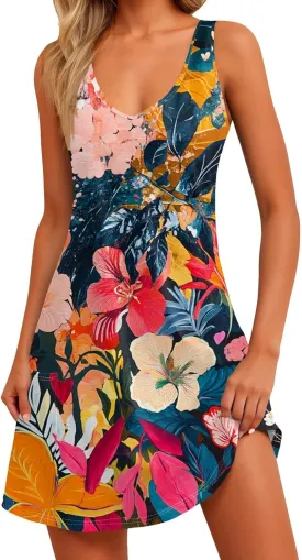 Womens Summer Dresses 2025 Vacation Swimsuit Coverup Printed Casual Sundress V Neck Sleeveless Dress with Pocket