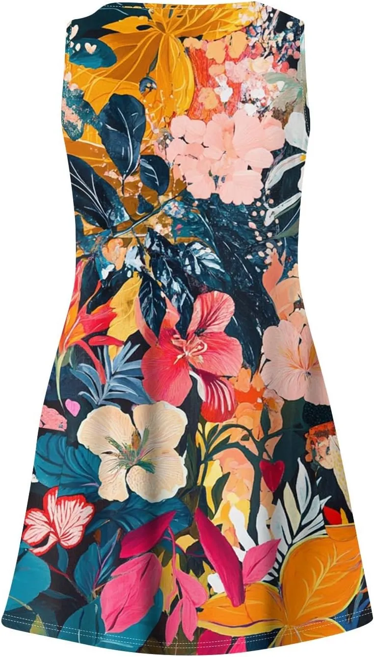 Womens Summer Dresses 2025 Vacation Swimsuit Coverup Printed Casual Sundress V Neck Sleeveless Dress with Pocket