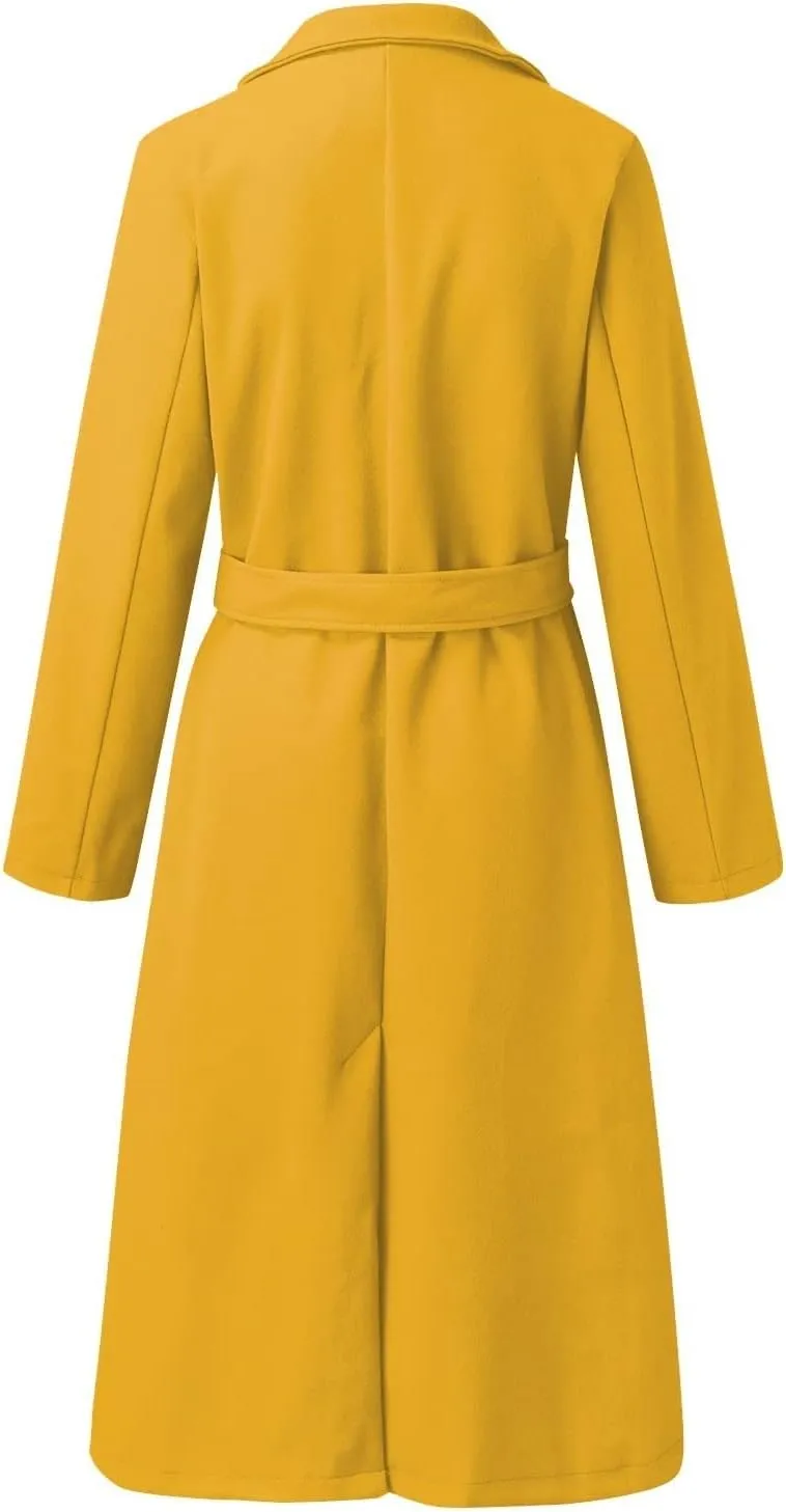 Women's Wool Blend Pea Coats Winter Casual Lapel Trench Coat Open Front Windproof Long Jackets for Women with Belt