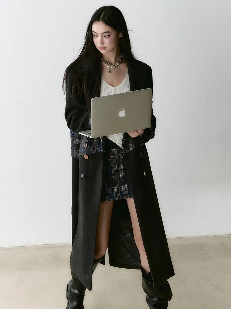 Wool Blend Plaid Patchwork French Coat
