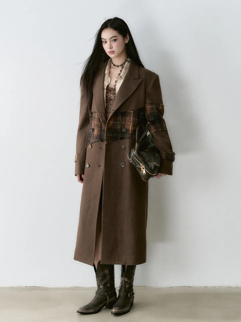 Wool Blend Plaid Patchwork French Coat