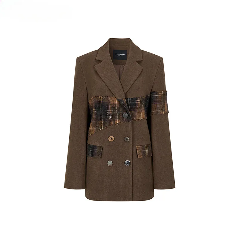 Wool Plaid Patchwork Mid-Length Coat