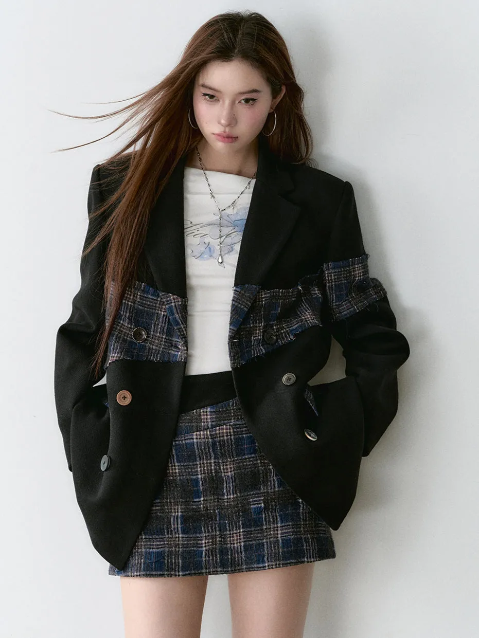 Wool Plaid Patchwork Mid-Length Coat