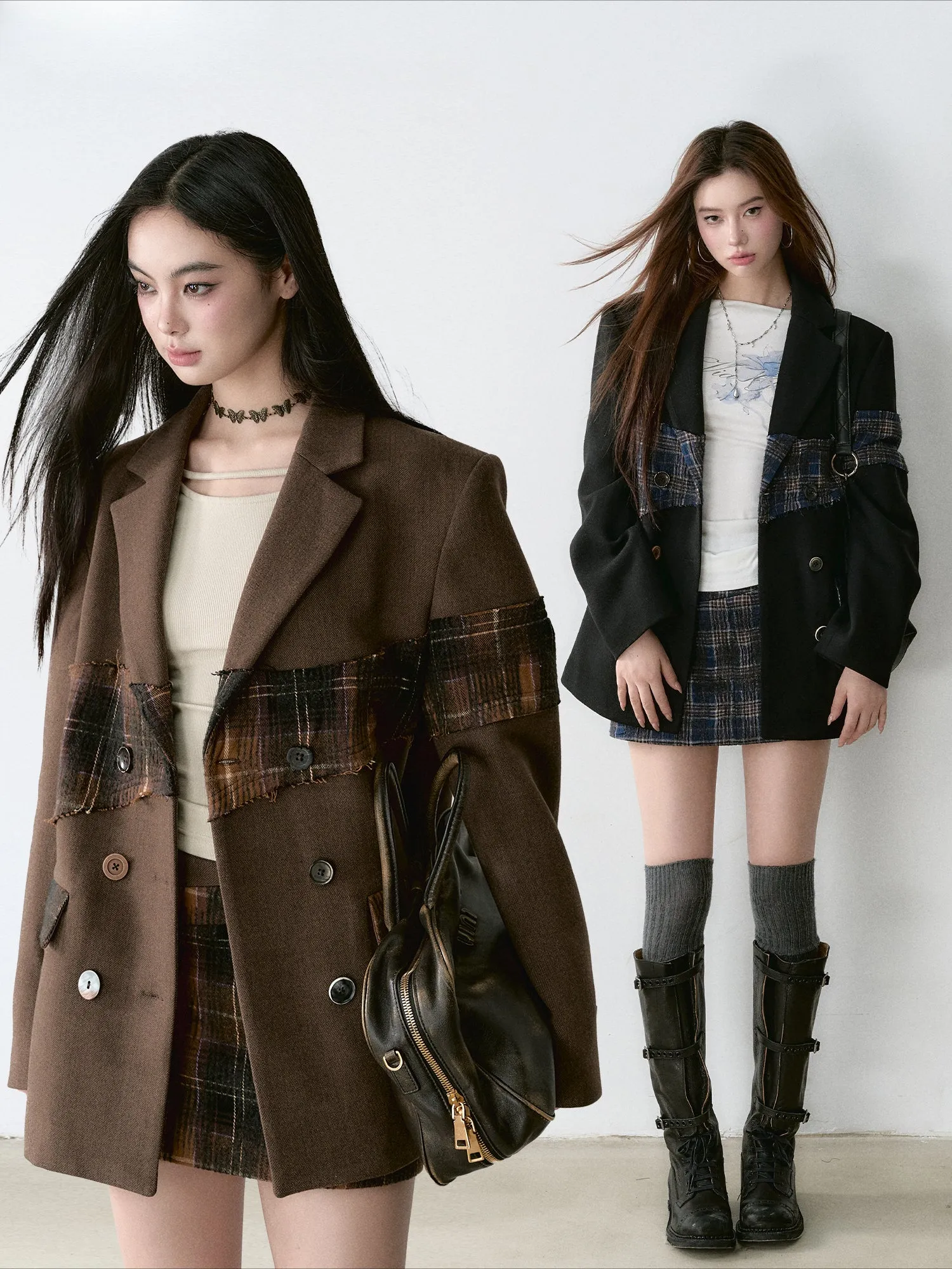 Wool Plaid Patchwork Mid-Length Coat