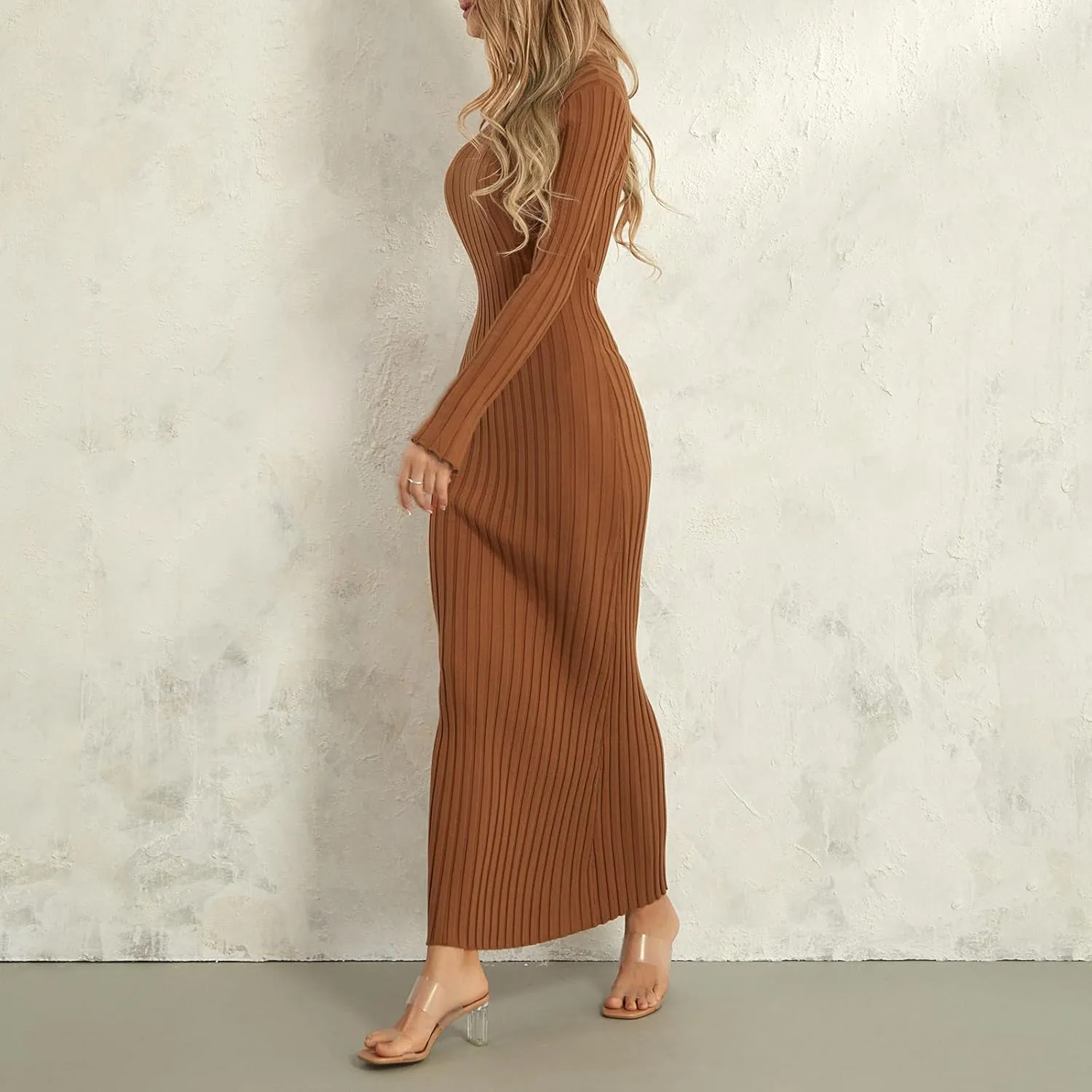 WZTYYDS Women Fall Long Sleeve Knit Dress Elegant Bodycon Dress Crew Neck Ribbed Solid Long Dress Streetwear