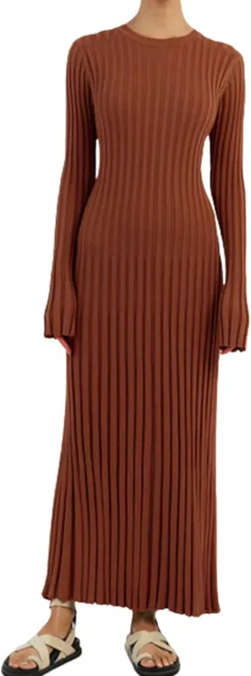WZTYYDS Women Fall Long Sleeve Knit Dress Elegant Bodycon Dress Crew Neck Ribbed Solid Long Dress Streetwear