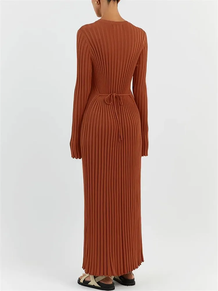 WZTYYDS Women Fall Long Sleeve Knit Dress Elegant Bodycon Dress Crew Neck Ribbed Solid Long Dress Streetwear