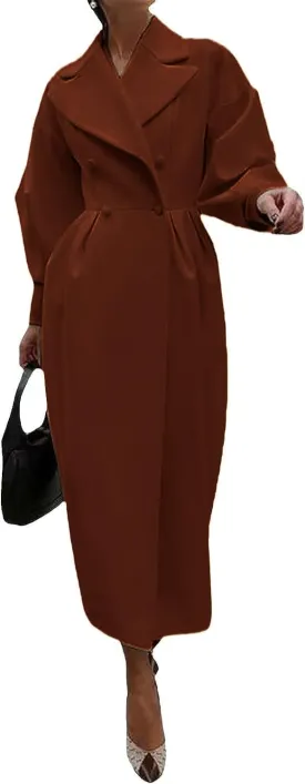 XSTH 2025 Women Wool Coat Double Breasted Lapel Pea Coats Ankle Length Solid Color Overcoat Lantern Sleeve Long Trench Coat