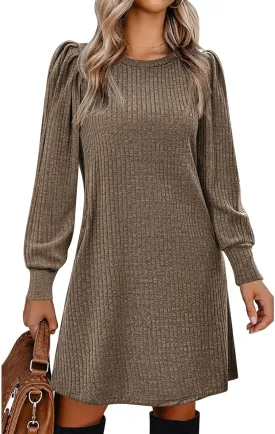 Zeagoo Women Knit Dress Puff Long Sleeve Dress for Fall Winter Round Neck Casual Tunic Dress