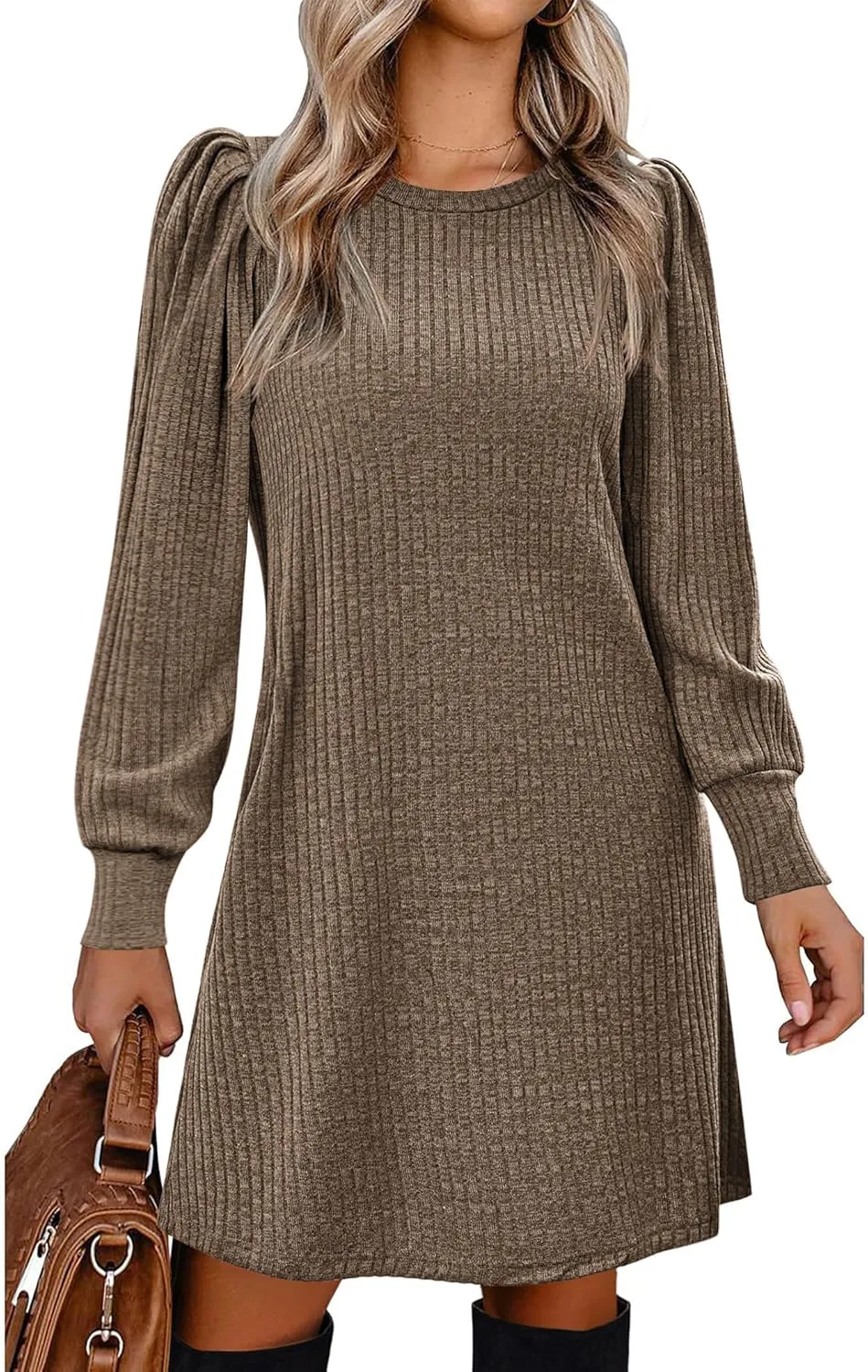 Zeagoo Women Knit Dress Puff Long Sleeve Dress for Fall Winter Round Neck Casual Tunic Dress